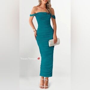 PRETTYGARDEN OFF THE SHOULDER RUCHED BODYCON COCKTAIL PARTY DRESS IN LAKE BLUE